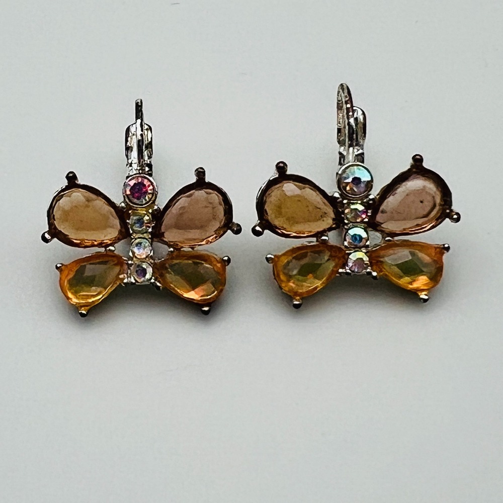 Vintage Avon Butterfly Pierced Earrings Gold Orange Crystal Stones Marked NR